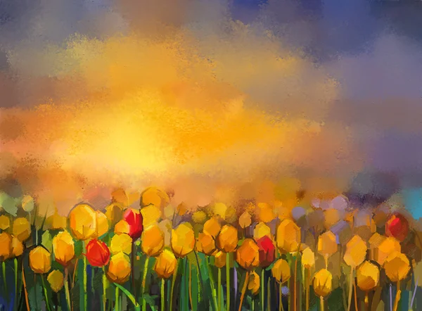 Oljemålning gula och Röda tulpaner blommor fält — Stockfoto