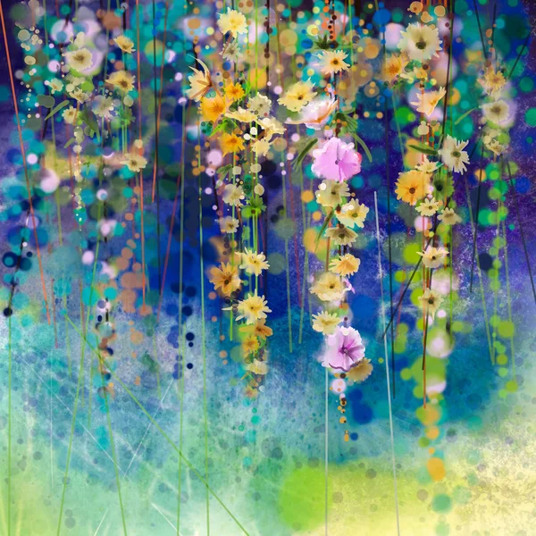 Αφηρημένο floral ακουαρέλα ζωγραφική. Χέρι βαμμένο λευκό, κίτρινο και κόκκινο λουλούδια σε μαλακό χρώμα σε φόντο μπλε πράσινο χρώμα — Φωτογραφία Αρχείου