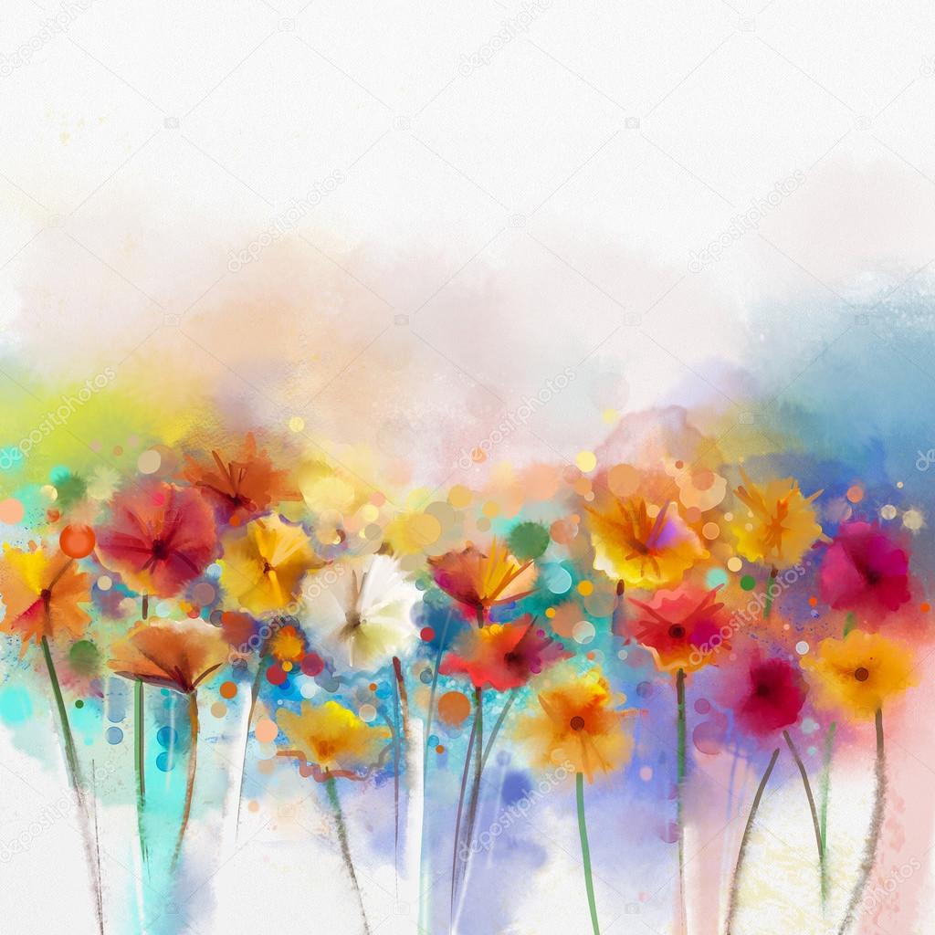 Abstract floral watercolor painting. Hand paint White, Yellow, Pink and Red color of daisy- gerbera flowers