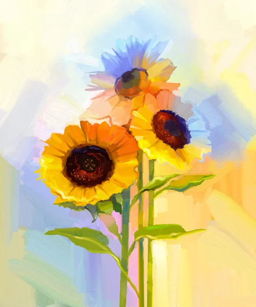 Oil painting yellow sunflowers with green leaves — Stock Photo, Image