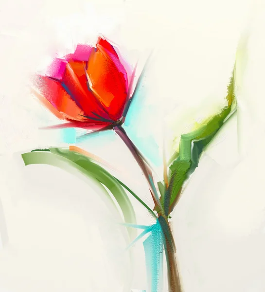 Oil painting a single Red tulip flower with green leaves. — Stock Photo, Image