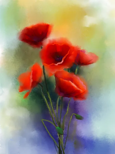 Aquarela vermelho flores de papoula pintura. Flor de tinta em cor suave e estilo borrão — Fotografia de Stock