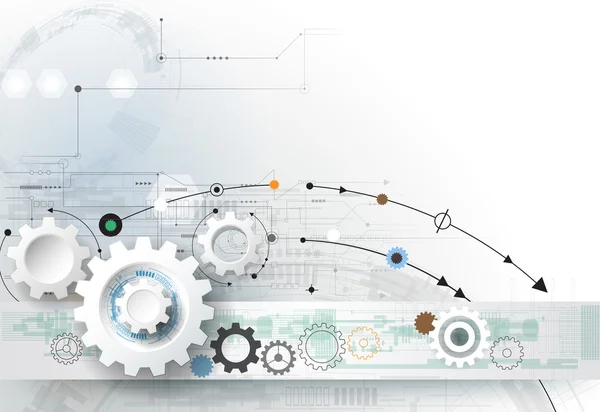 Rueda de engranajes de ilustración vectorial, hexágonos y placa de circuito, tecnología e ingeniería digital de alta tecnología, concepto de tecnología de telecomunicaciones digitales — Archivo Imágenes Vectoriales