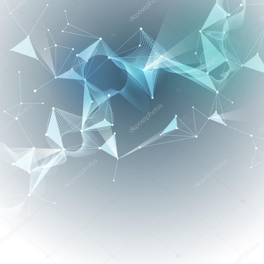 Illustration Abstract Molecules and 3D Mesh with Circles, Lines, Polygon shapes. Vector design communication technology on light gray background