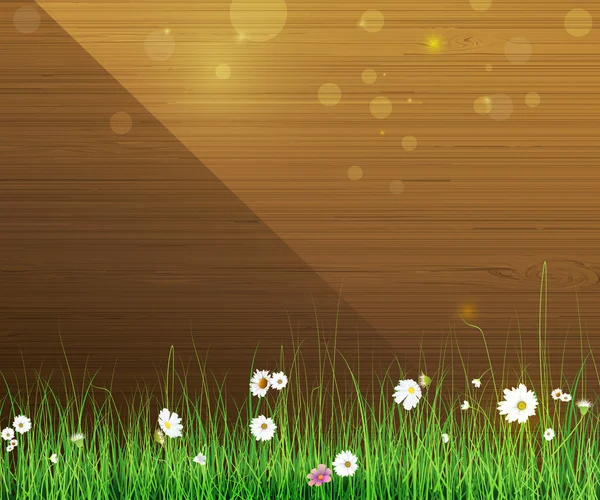 Vektor Illustration Frühling Natur Hintergrund. Grünes Gras und Blattpflanze, weiße Gerbera, Gänseblümchen und Sonnenlicht über Holzzaun mit Bokeh-Effekt — Stockvektor