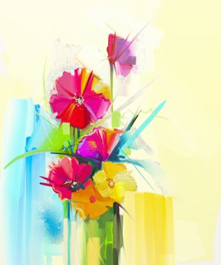 Bahar çiçek yağlıboya. Sanatsal natürmort buket, sarı, kırmızı renk florasına aittir. Gerbera, Lale, gül, Cam Aranjman yaprak yeşil