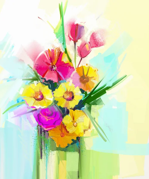 Oljemålning av vårblomma. Konstnärliga stilleben av bukett, gul, röd färg flora. Gerbera, tulpan, rosa, grönt blad i vas — Stockfoto