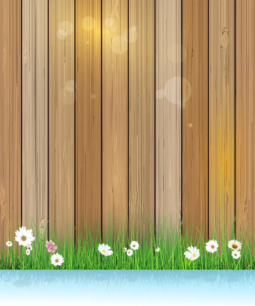 Εικονογράφηση φορέας φόντο φύση την άνοιξη. Πράσινο γρασίδι και φύλλα φυτών, λευκό λευκό λουλούδι, λουλούδια μαργαρίτα και φως του ήλιου κατά τη διάρκεια ξύλινος φράκτης με σκιά πάνω από το νερό — Διανυσματικό Αρχείο