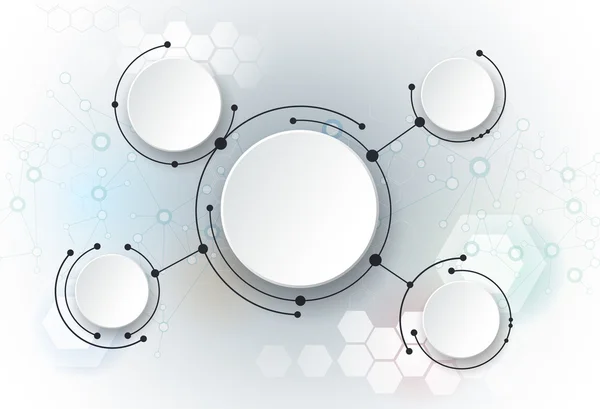 Illustration vectorielle molécules abstraites et concept global de technologie de communication sur les médias sociaux avec étiquettes 3D cercles intégrés — Image vectorielle