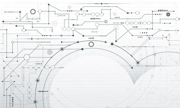 Modèle de carte de circuit imprimé futuriste abstrait à rayures avec roue dentée et symbole de flèche sur fond de carte de circuit imprimé . — Image vectorielle