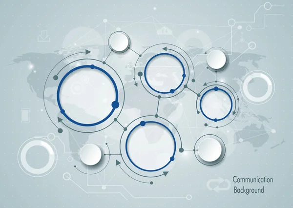 Molécules abstraites et concept mondial de technologie de communication sur les médias sociaux avec étiquette circulaire en papier sur fond bleu clair gris et carte de la Terre . — Image vectorielle