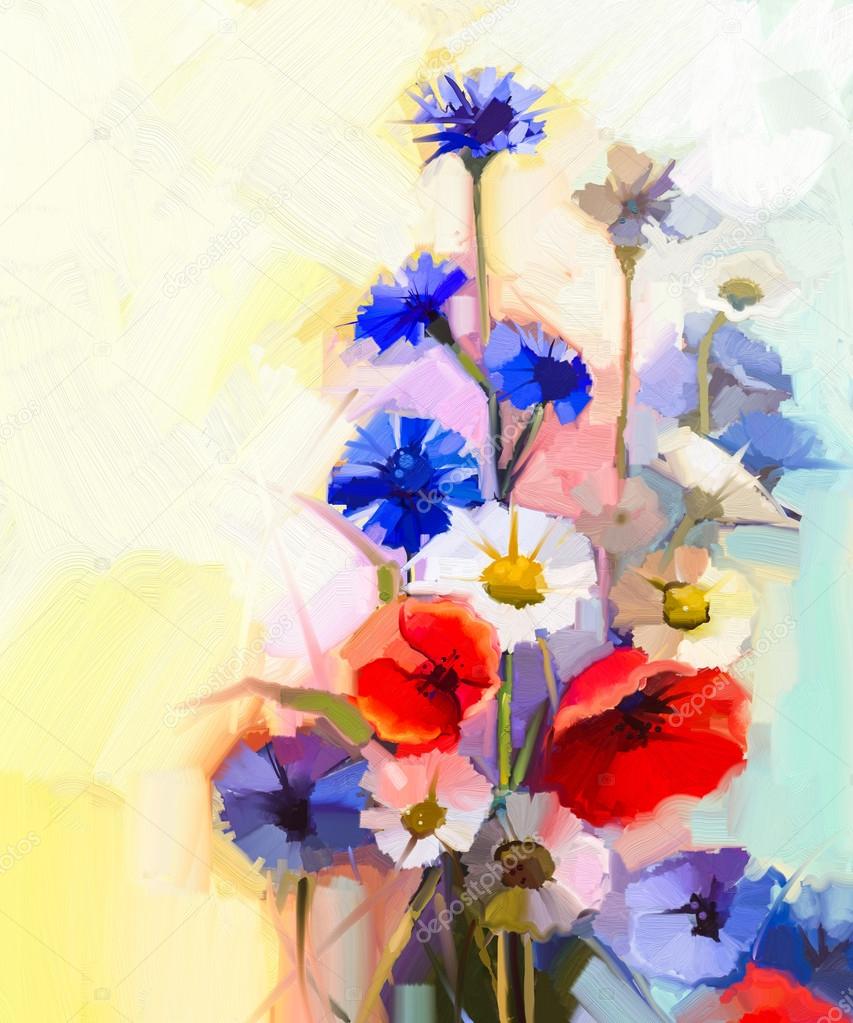 Oil painting red poppy flowers, blue cornflower and white daisy