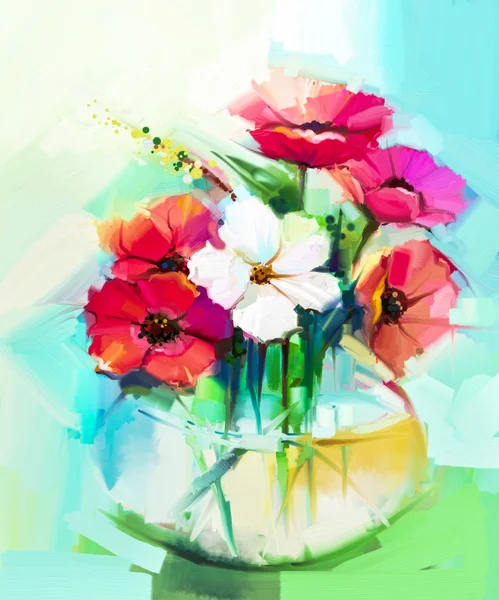 Dipinto ad olio un bouquet di gerbera e fiore di ibisco — Foto Stock