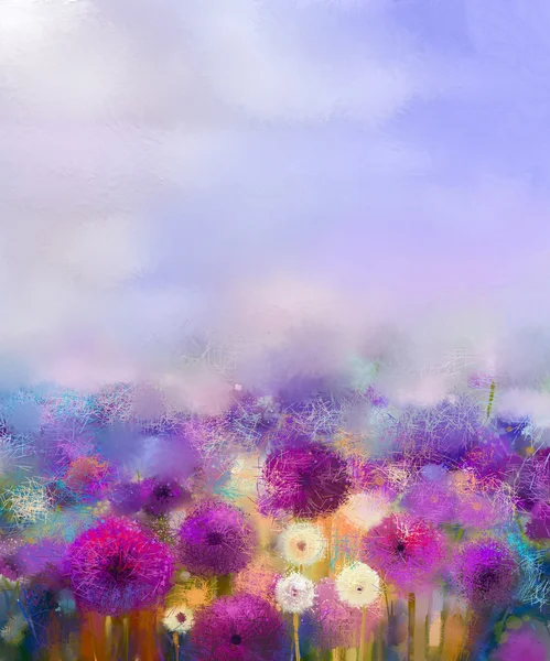 Oil painting Purple onion with white dandelion flowers in meadow — Stock Image Oil painting Purple onion with white dandelion flowers in meadow Stock Photo