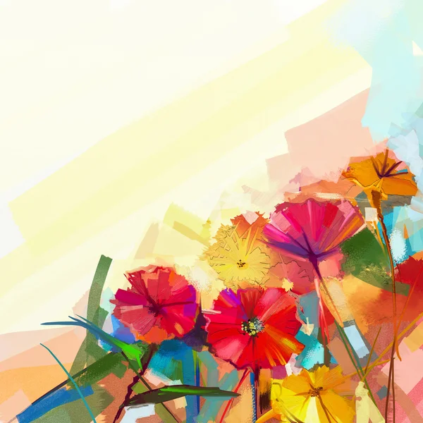 春の花の抽象画油絵。黄色と赤のガーベラの花の静物. — ストック写真