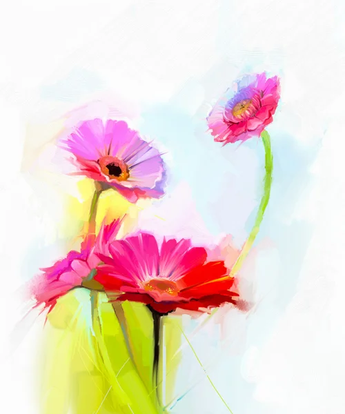 Pittura ad olio astratta di fiori primaverili. Natura morta di fiore di gerbera giallo e rosso . — Foto Stock