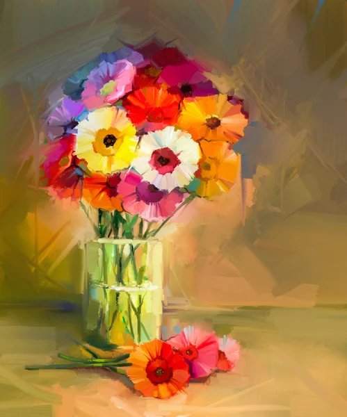 Abstraktní malba olej, jarní květiny. Zátiší květiny gerbera žlutá a červená — Stock fotografie