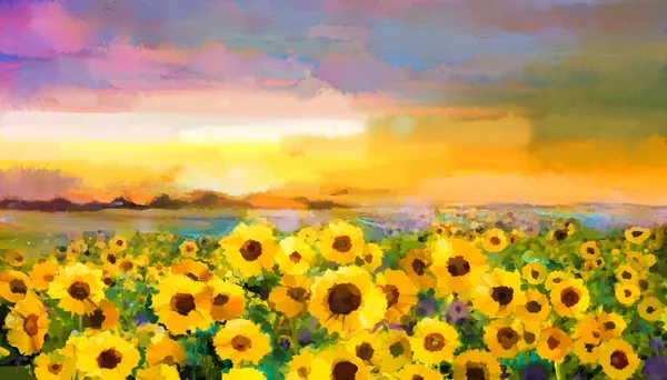 Pittura ad olio giallo- girasole d'oro, fiori di margherita nei campi . — Foto Stock