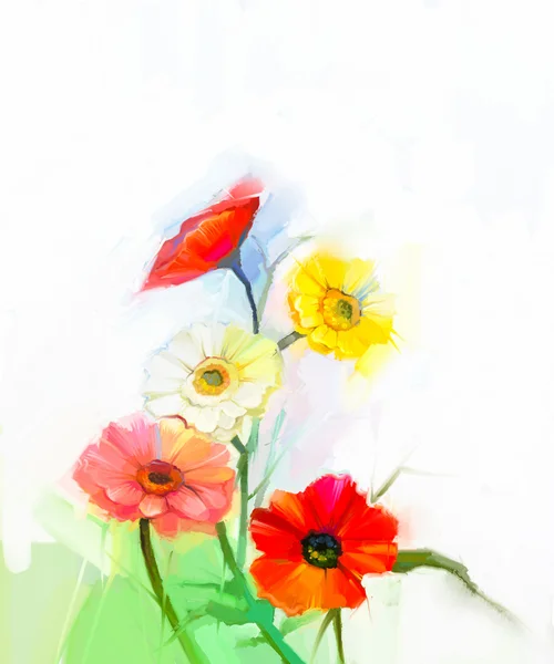 Abstract oil painting of spring flowers. Still life of yellow and red gerbera flower — Stock Photo, Image