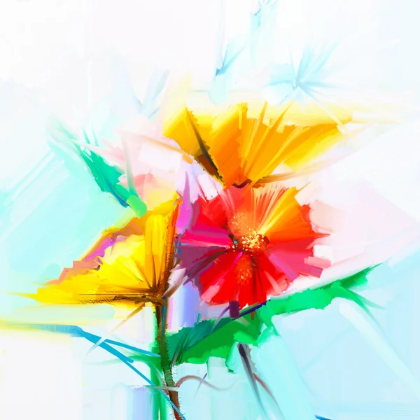 Abstract olieverfschilderij van Lentebloemen. Stilleven van gele en rode gerbera bloem — Stockfoto