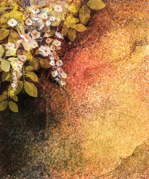 Abstraktní květina akvarelu. Ručně malované-bílá, žlutá a červená Ivy květů a listů na zdi, grunge textury pozadí — Stock fotografie