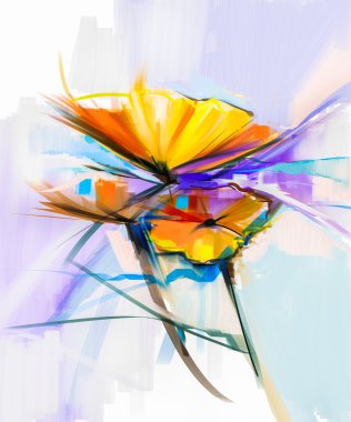 Bahar çiçek soyut Yağlıboya Resim. Sarı ve kırmızı gerbera çiçek natürmort. Açık yeşil-mavi renkli arka plan ile renkli buket çiçek