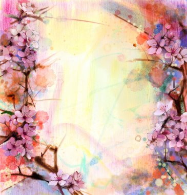 Suluboya resim Cherry blossoms - Japon cherry - pembe Sakura bulanık doğa arka plan üzerinde yumuşak renkli çiçek.