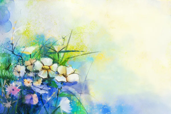 Soyut çiçek suluboya resim. El boya beyaz ve yumuşak sarı, pembe, mavi, yeşil renk arka plan üzerinde yumuşak renkli çayır çiçek kırmızı renk — Stok fotoğraf