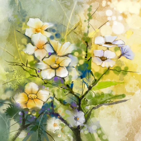 Pittura ad acquerello bianco Fiori di ciliegio - ciliegio giapponese - Sakura floreale in morbido colore giallo verde e sfondo sfocato — Foto Stock