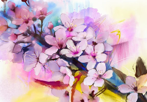 Pintura de acuarela Flores de cerezo - Cereza japonesa - Rosa Sakura floral en color suave sobre fondo borroso de la naturaleza . — Foto de Stock