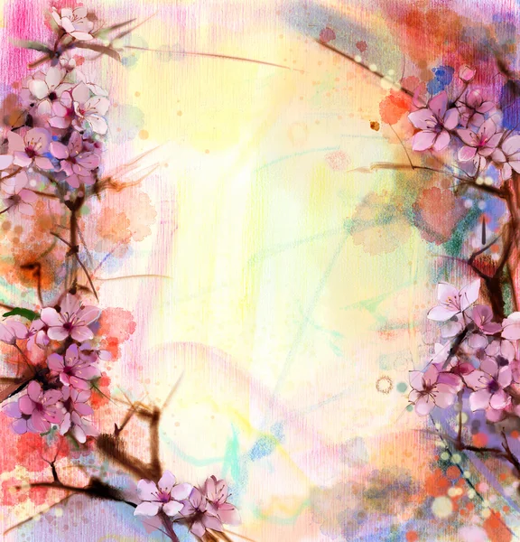 Watercolor Painting Cherry blossoms - Japanese cherry - Pink Sakura floral in soft color over blurred nature background. — Stock Photo, Image