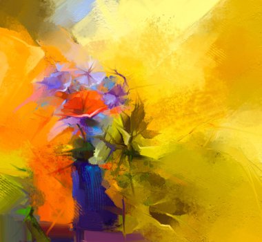 Soyut yağlıboya natürmort kırmızı gerbera çiçek. Renkli buket bahar çiçek