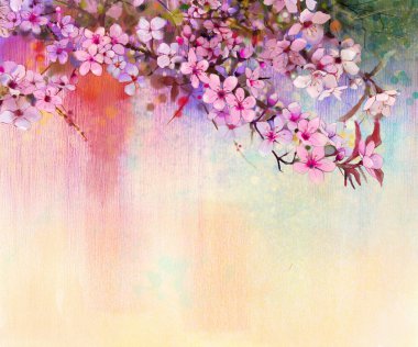 Suluboya resim Cherry blossoms - Japon cherry - pembe Sakura bulanık doğa arka plan üzerinde yumuşak renkli çiçek