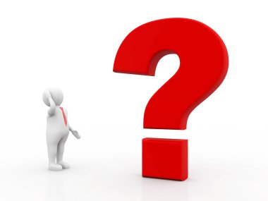 Kırmızı soru işareti olan üç boyutlu bir insan. 3d illüstrasyon