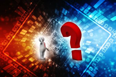 Kırmızı soru işareti olan üç boyutlu bir insan. 3d illüstrasyon