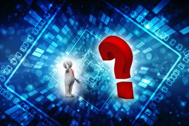 Kırmızı soru işareti olan üç boyutlu bir insan. 3d illüstrasyon