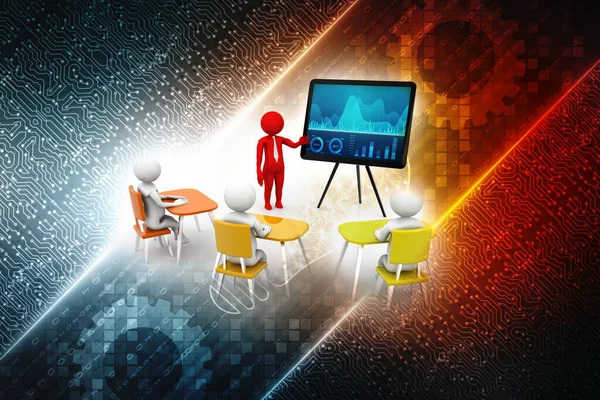 3d people - men , person with pointer in hand close to blackboard. Concept of education and learning, Presentation. Isolated in digital background,  3d render