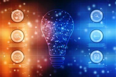 Ampul gelecek teknolojisi, yenilik geçmişi, yaratıcı fikir konsepti, Yapay Zeka kavramı, teknoloji arka planı ampul simgesi