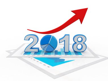 İşletme grafiği ok yukarı ve 2018 sembollü, 2018 yılındaki büyümeyi temsil ediyor, üç boyutlu çizim, üç boyutlu illüstrasyon