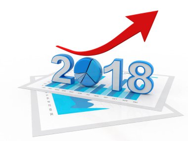 İşletme grafiği ok yukarı ve 2018 sembollü, 2018 yılındaki büyümeyi temsil ediyor, üç boyutlu çizim, üç boyutlu illüstrasyon