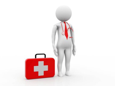 Üç boyutlu beyaz insan, steteskop ve ilk yardım çantası olan, izole beyaz arka planlı bir doktor., 