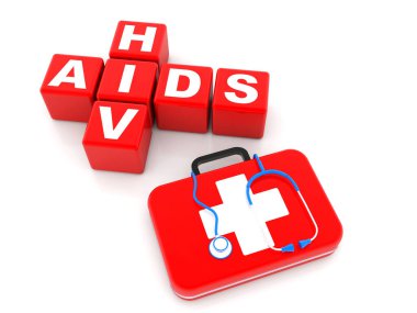 Sağlık çantalı AIDS ve HIV küpleri ve beyaz arka planda steteskop. 3d Hazırlama