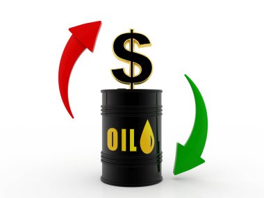Petrol endüstrisi konsepti, Petrol Fıçısı ve Dolar beyaz arka planda. Ham petrol konsepti. 3d hazırlayıcı