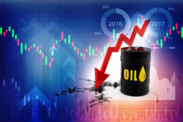Oil Barrels with falling price graph on tech background. Decrease oil price, Oil price down. Crude Oil Market Concept. 3d render