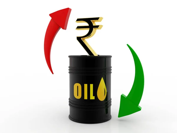 Concept Industrie Pétrolière Baril Pétrole Symbole Roupie Sur Fond Blanc — Photo