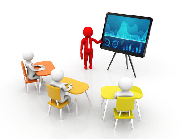 3d people - men , person with pointer in hand close to blackboard. Concept of education and learning, Presentation. Isolated white background,  3d render