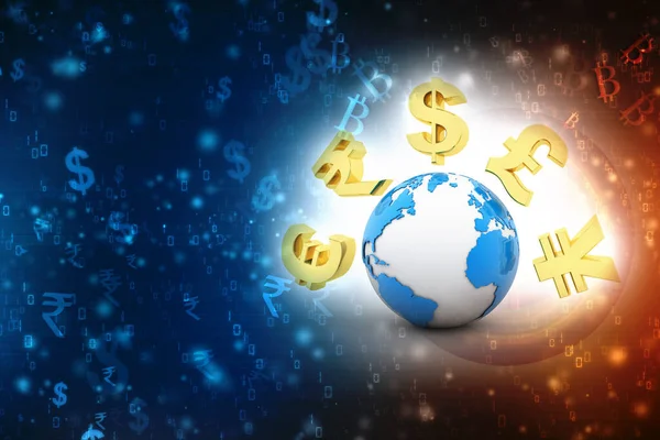 Global Currencies, Globe with Currency Symbols. 3d rendering