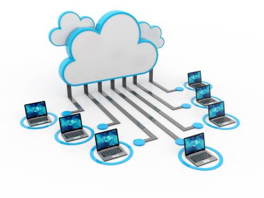 Beyaz arkaplan üzerindeki 3D bulut hesaplama kavramı, Bulut internet teknolojisi kavramı arka plan, Bulut bilgisayarı ve ağ güvenlik teknolojisi kavramı