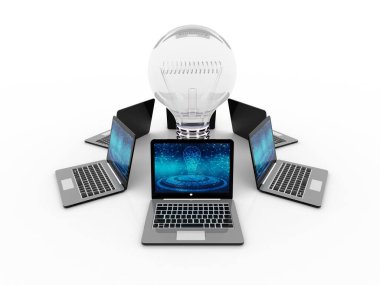 Computers Connected with Bulb, Idea, solution Concept. 3D Render