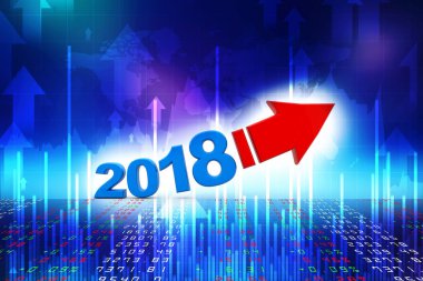 İşletme grafiği ok yukarı ve 2018 sembollü, 2018 yılındaki büyümeyi temsil ediyor, üç boyutlu çizim, üç boyutlu illüstrasyon
